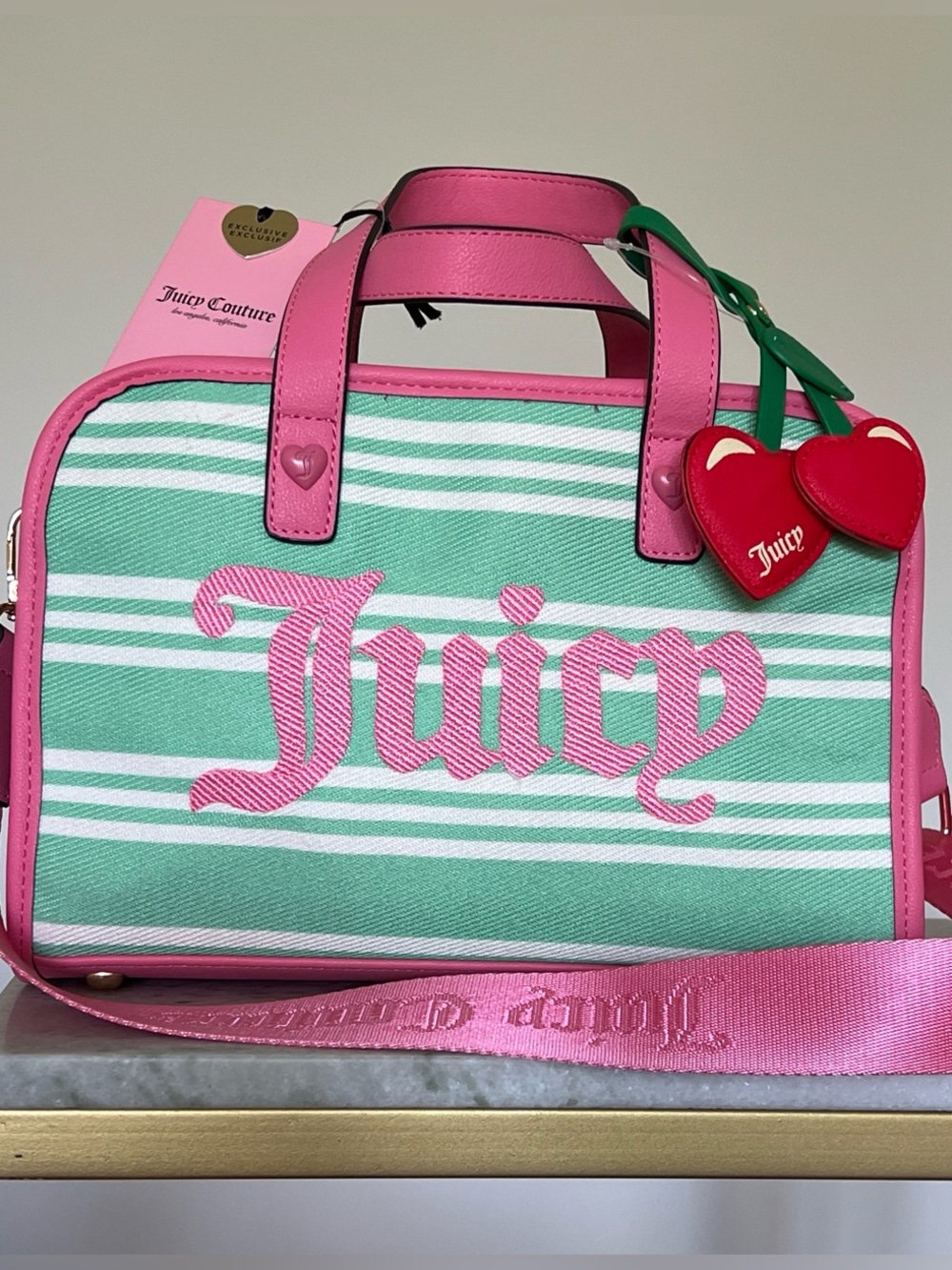 Juicy Couture Pink & Mint Striped Logo Bag with cherry bag charm NWT